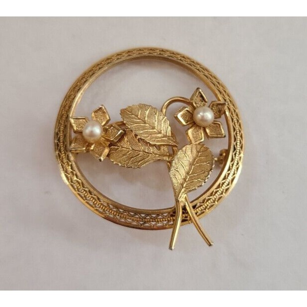 Binder Bros. 12K Gold Filled Pearl Pin Brooch Circle w/ leaves, flowers, pearls